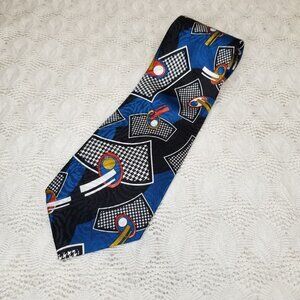 Vintage Boston Traders Mens Tie All Silk Black Blue Multicolor Abstract Design